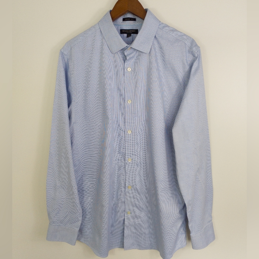 Banana Republic Grant Fit Non-Iron Dress Shirt Blue Micro Check Cotton Men's L